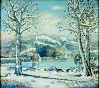 R Brem (US,mid 20C) oil painting: ARTIST: R Brem (American, mid 20 century) TITLE: Winter Landscape MEDIUM: oil on canvas CONDITION: Few minor scratches/paint losses. Some craquelure. No visible inpaint unde