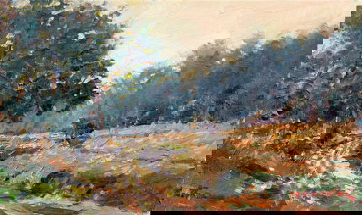 Robert Waltsak (NJ,b 1944) oil painting: ARTIST: Robert Alan Waltsak (New Jersey, born 1944) TITLE: Forest Path Landscape MEDIUM: oil on canvas CONDITION: Missing a few flakes of paint. No visible inpaint under UV light. ART SIZE: 12 x 20