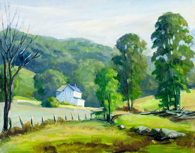 George Holloway (NJ,20C) oil painting: ARTIST: George Holloway (New Jersey, 20 century) TITLE: Countryside Landscape with Mansion MEDIUM: oil on board CONDITION: Overall good. No visible inpaint under UV light. Normal wear along edges.