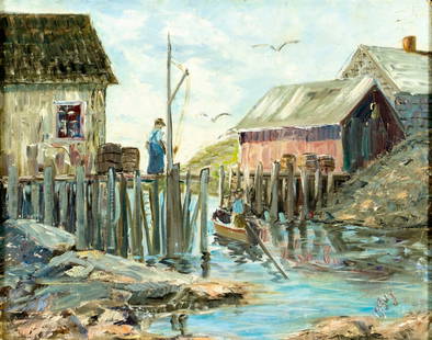 M Guy (US,mid 20C) oil painting: ARTIST: M Guy (American, mid 20 century) TITLE: Harbor Scene MEDIUM: oil on canvas board CONDITION: Minor damages to corners. Few small scratches along the right edge. No v