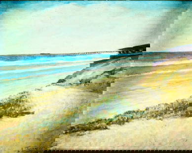L Thomas (US,mid 20C) oil painting: ARTIST: L Thomas (American, mid 20 century) TITLE: Coastal Landscape MEDIUM: oil on canvas board CONDITION: Overall good. No visible inpaint under UV light. Minor damages to