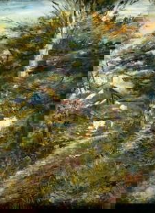 Antique early 20C American oil painting signed: ARTIST: - (American, early 20 century) TITLE: Forest Landscape with Mansion MEDIUM: oil on board CONDITION: Few very minor paint losses. No visible inpaint under UV light.