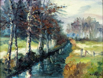 Werner Vogel (German,1889-1957) oil painting: ARTIST: Werner Vogel (Germany, 1889 - 1957) TITLE: Stream Landscape MEDIUM: oil on board CONDITION: Missing a few flakes of paint. No visible inpaint under UV light. Wear to frame. ART SIZE: 13 x 16