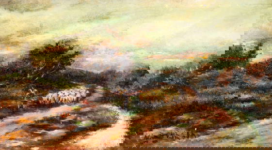 E M Eckhoff (Europe,19/20C) oil painting antique: ARTIST: E M Eckhoff (European, 19/20 century) NAME: Landscape with Sheep MEDIUM: oil on board CONDITION: Damages to middle left and right edges. Few minor paint losses. No visible inpaint under UV