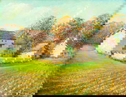 Roy Garretson (US,mid 20C) oil painting: ARTIST: Roy Garretson (American, mid 20 century) TITLE: Country Landscape YEAR: 1952 MEDIUM: oil on canvas board CONDITION: Scratch/paint loss in upper r