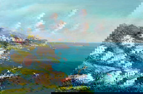 Starzino (Italy,20C) oil painting: ARTIST: Starzino (Italian, 20 century) TITLE: Italian Coastal Cityscape MEDIUM: oil on canvas CONDITION: Unstretched (In-House stretching available). Few minor paint losses. Very minor craquelure. No