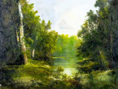 Ron Williams (TN,1947-2016) oil painting: ARTIST: Ron Williams (Tennessee, 1947 - 2016) TITLE: Forest Lake Landscape MEDIUM: oil on canvas CONDITION: Some paint losses mostly by the lower left corner. No visible i
