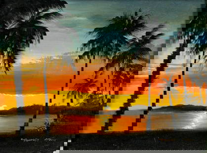 Hoom (FL,20C) oil painting: ARTIST: Hoom (Florida, 20 century) TITLE: Indian River - Sunset with Palm Trees, Ft Pierce, FL (titled on verso) YEAR: 1981 MEDIUM: oil on canvas CONDITION: