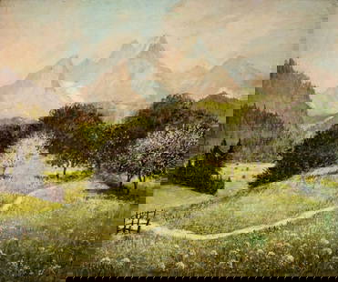 H Jotha (Austria,mid 20C) oil painting: ARTIST: H Jotha (Austrian, mid 20 century) TITLE: Mountain Landscape MEDIUM: oil on board CONDITION: Minor warping. Some small scratches/paint losses. No visible inpaint under UV light. Normal wear