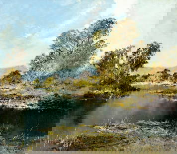 Erich Paulsen (German,1932-2015) oil painting: ARTIST: Erich Paulsen (Germany, 1932 - 2015) TITLE: Autumn River Landscape MEDIUM: oil on canvas CONDITION: Few minor paint losses along edges. Very minor craquelure. No visible inpaint under UV