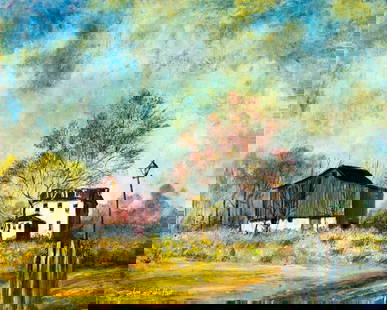 Calvin Cobb Hart (NJ,1932-2014) oil painting: ARTIST: Calvin Cobb Hart (New Jersey, 1932 - 2014) TITLE: Autumn Landscape with Cottage MEDIUM: oil on board CONDITION: Overall good. No visible inpaint under UV light. Normal wear along edges. ART