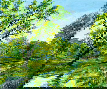 George D Johns (US,mid 20C) oil painting antique: ARTIST: George D Johns (American, mid 20 century) TITLE: Along the Canal YEAR: 1946 MEDIUM: oil on canvas board CONDITION: Very good. No visible inpaint