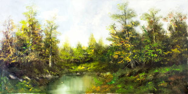 H Stadler (Europe,20C) oil painting: ARTIST: H Stadler (European, 20 century) NAME: Forest Lake Landscape MEDIUM: oil on canvas CONDITION: Very good. No visible inpaint under UV light. SIGHT SIZE: 24 x 48 inches / 60 x 121 cm FRAME