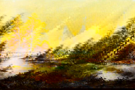 H Kiesel (German,20C) oil painting: ARTIST: H Kiesel (Germany, 20 century) TITLE: Country River Landscape MEDIUM: oil on canvas CONDITION: Unstretched (In-House stretching available). Overall good. No visible