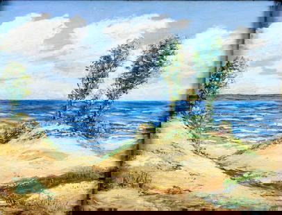 Howard Wallace (US,mid 20C) oil painting: ARTIST: Howard Wallace (American, mid 20 century) TITLE: Coastal Landscape MEDIUM: oil on board CONDITION: Few minor scratches/paint losses. No visible inpaint under UV light. Wear to frame. ART