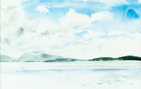 Ian Marshall (Scotland,1933-2016) watercolor painting: ARTIST: Ian Marshall (Scottish, 1933 - 2016) TITLE: Coastal Landscape MEDIUM: watercolor on paper CONDITION: Very good. Framed under glass. Wear to frame. ART SIZE: 9 x 14 inches / 22 x 35 cm FRAME