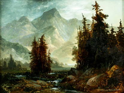 Charles Rhinehart (MO,1930-2020) oil painting: ARTIST: M Charles Rhinehart (Missouri, 1930 - 2020) TITLE: Beaver Creek Landscape, CO (titled on label) MEDIUM: oil on board CONDITION: Overall good. No visible inpaint under UV light. Wear to
