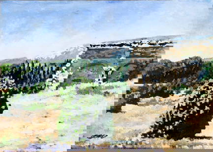 Serge Gomez (French,1941-?) oil painting: ARTIST: Serge Gomez (France, 1941 - ???) TITLE: Landscape with Ruines - Le Cade (titled on verso) MEDIUM: oil on board CONDITION: Minor scratches/paint losses. No visible