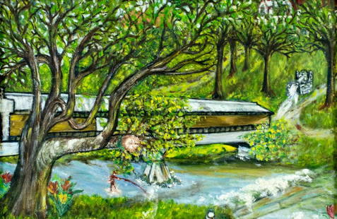 Vintage mid 20C American oil painting: ARTIST: - (American, mid 20 century) TITLE: Bridge Landscape MEDIUM: oil on canvas board CONDITION: Few minor paint losses. Very minor craquelure. No visible inpaint under UV light. Wear to frame.