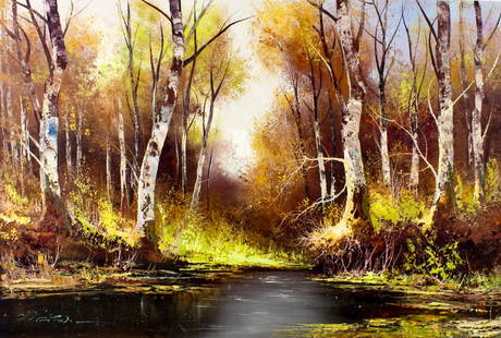 N Szita (Europe,20C) oil painting: ARTIST: N Szita (European, 20 century) TITLE: Autumn Forest Landscape MEDIUM: oil on canvas CONDITION: Unstretched (In-House stretching available). Some small paint losses.