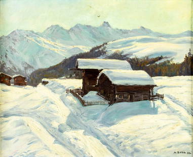 Arnold Zord (Hungary,1887-1957) oil painting antique: ARTIST: Arnold Zord (Hungarian, 1887 - 1957) TITLE: Winter Mountain Landscape with Houses YEAR: 1934 MEDIUM: oil on canvas CONDITION: One small patch. Few minor paint losses. No visible inpaint