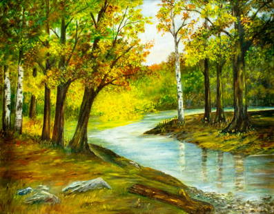 Vintage 20C American oil painting: ARTIST: - (American, 20 century) TITLE: Autumn Forest Landscape MEDIUM: oil on canvas board CONDITION: Overall good. No visible inpaint under UV light. Wear to frame. ART SIZE: 14 x 18 inches / 35