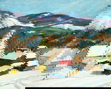Wilbur Jordan King (US,20C) oil painting AFTER Aldro Hibbard: ARTIST: Wilbur Jordan King (American, 20 century) AFTER Aldro Hibbard (American, 1886 - 1972) TITLE: Winter Village Landscape MEDIUM: oil on canvas board CONDITION: Very good. No visible inpaint