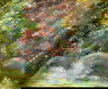 Antique early 20C American oil painting: ARTIST: - (American, early 20 century) TITLE: Autumn Forest Landscape MEDIUM: oil on canvas. Canvas applied to board. CONDITION: Some small scratches/paint losses. No visi