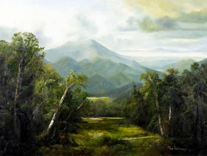 Ron Williams (TN,1947-2016) oil painting: ARTIST: Ron Williams (Tennessee, 1947 - 2016) TITLE: Mountain Landscape MEDIUM: oil on canvas CONDITION: Overall good. No visible inpaint under UV light. Normal wear along