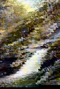 Charles Zimmerman (US,early 20C) oil painting antique: ARTIST: Charles Zimmerman (American, early 20 century) TITLE: Waterfall Landscape MEDIUM: oil on canvas CONDITION: Relined. Few minor scratches/paint losses. No visible inpa