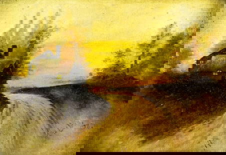 A M Lawall (US,mid 20C) oil painting antique: ARTIST: A M Lawall (American, mid 20 century) TITLE: Sunset Landscape with House YEAR: 1939 MEDIUM: oil on canvas board CONDITION: Few very minor paint l