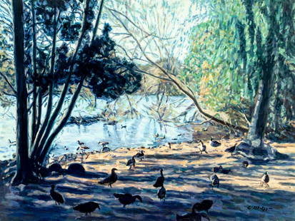 Evelyn Metzger (NY,Brazil,1911-2007) oil painting: ARTIST: Evelyn Borchard Metzger (New York, Brazilian, 1911 - 2007) TITLE: Lake Landscape with Ducks MEDIUM: oil on board CONDITION: Minor paint losses. No visible inpaint under UV light. Normal