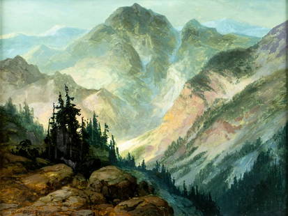 Charles Rhinehart (MO,1930-2020) oil painting: ARTIST: M Charles Rhinehart (Missouri, 1930 - 2020) TITLE: Mountain Landscape MEDIUM: oil on board CONDITION: Very good. No visible inpaint under UV light. Wear to frame. ART SIZE: 12 x 16 inches /