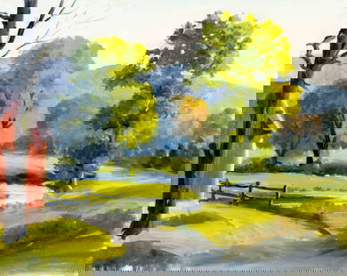 George Holloway (NJ,20C) oil painting: ARTIST: George Holloway (New Jersey, 20 century) TITLE: Countryside Landscape MEDIUM: oil on canvas board CONDITION: Overall good. No visible inpaint under UV light. ART SIZE: 16 x 20 inches / 40 x