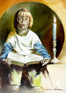 Gastone Peirano (Italy,20C) oil painting: ARTIST: Gastone Peirano (Italian, 20 century) TITLE: Child with Book MEDIUM: oil on canvas CONDITION: Unstretched (In-House stretching available). Few minor paint losses. Some craquelure. No visible