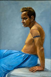Penny Purpura (US,20C) oil painting: ARTIST: Penny Purpura (American, 20 century) TITLE: Seated Man YEAR: 2004 MEDIUM: oil on canvas CONDITION: Missing a few flakes of paint. No visible inpaint under UV light. ART SIZE: 36 x 24 inches