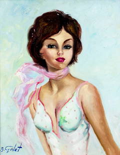 B Gelet (US,mid 20C) oil painting: ARTIST: B Gelet (American, mid 20 century) NAME: Portrait of Woman with Neck Scarf MEDIUM: oil on canvas CONDITION: Missing a few flakes of paint. No visible inpaint under UV light. SIGHT SIZE: 20 x