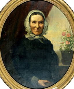 Antique 19C American oil painting: ARTIST: - (American, 19 century) TITLE: Portrait of Old Woman MEDIUM: oil on canvas. Canvas applied to board. CONDITION: Some paint losses/flaking/scratches. Some scattere