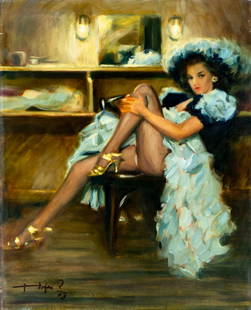 Vintage 20C American oil painting: ARTIST: - (American, 20 century) TITLE: Seated Woman in Blue YEAR: 1973 MEDIUM: oil on canvas CONDITION: Few very minor paint losses. No visible inpain