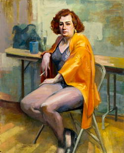 John Reilly (NY,NJ,1942-2021) oil painting: ARTIST: John Reilly (New York, New Jersey, 1942 - 2021) TITLE: Portrait of Smoking Woman MEDIUM: oil on board CONDITION: Edge delamination observed on the plywood panel (s