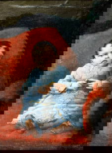 Antique 19C French oil painting: ARTIST: - (France, 19 century) TITLE: Portrait of Child MEDIUM: oil on canvas CONDITION: Relined. Some paint losses. Some craquelure. Some scattered inpaintings. Some dama