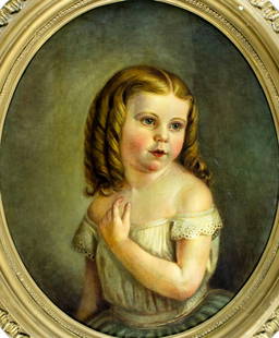 Antique 19C American oil painting: ARTIST: - (American, 19 century) TITLE: Portrait of Girl MEDIUM: oil on canvas CONDITION: Some small scratches. Minor craquelure. No visible inpaint under UV light. Some d