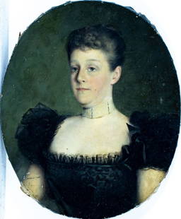 Antique 19C American oil painting: ARTIST: - (American, 19 century) TITLE: Portrait of Woman MEDIUM: oil on canvas CONDITION: One patch. Some small scratches/paint losses mostly along edges. Some craquelure