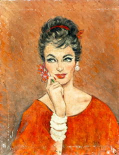 Lucas (US,mid 20C) oil painting: ARTIST: Lucas (American, mid 20 century) TITLE: Portrait of Woman in Red MEDIUM: oil on canvas board CONDITION: Some nail holes mostly along edges. Some damages to the canva