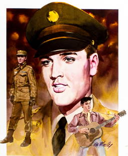 Tom McNeely (Canada,1935-?) watercolor painting: ARTIST: Tom McNeely (Canadian, 1935 - ???) TITLE: GI Elvis (titled on verso) YEAR: 1992 MEDIUM: watercolor on paper. Paper applied to board. CONDITION: