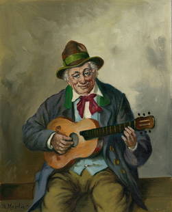 Hans Kerber (Austria,1920-?) oil painting: ARTIST: Hans Kerber (Austrian, 1920 - ???) TITLE: Man Playing Guitar MEDIUM: oil on canvas CONDITION: Unstretched (In-House stretching available). Overall good. No visible