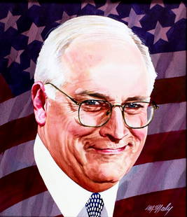 Tom McNeely (Canada,1935-?) watercolor painting: ARTIST: Tom McNeely (Canadian, 1935 - ???) TITLE: 2001 Vice President Elect - Richard Dick Cheney (titled on verso) YEAR: 2000 MEDIUM: watercolor on paper. Paper applied t