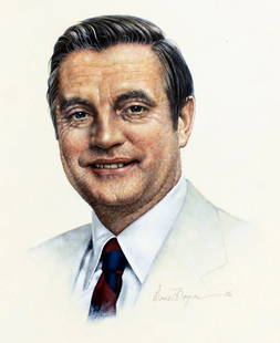 Gene Boyer (US,20C) oil painting: ARTIST: Gene Boyer (American, 20 century) TITLE: Walter Frederick Fritz Mondale YEAR: 1976 MEDIUM: oil on board CONDITION: Minor damage to the lower lef
