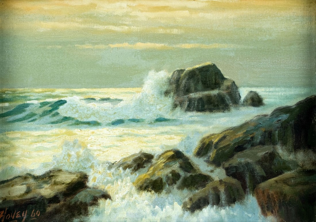 Hovey (US,mid 20C) oil painting: ARTIST: Hovey (American, mid 20 century) TITLE: Sunset Seascape YEAR: 1960 MEDIUM: oil on canvas board CONDITION: Very good. No visible inpaint under UV