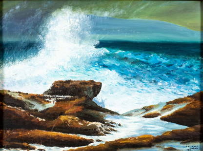 Vintage 20C American oil painting signed: ARTIST: - (American, 20 century) TITLE: Seascape with Rocks YEAR: 1990 MEDIUM: oil on canvas board CONDITION: Some scratches/paint losses. No visible i